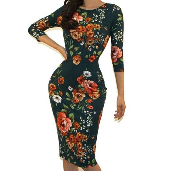 Got Style Gabby Green Floral Print 3/4 Sleeve Bodycon Party Cocktail Dress - Picture 2 of 4